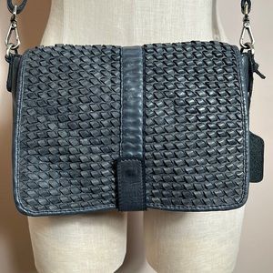 Distressed Greyish Blue Leather Woven Crossbody Bag Made in India